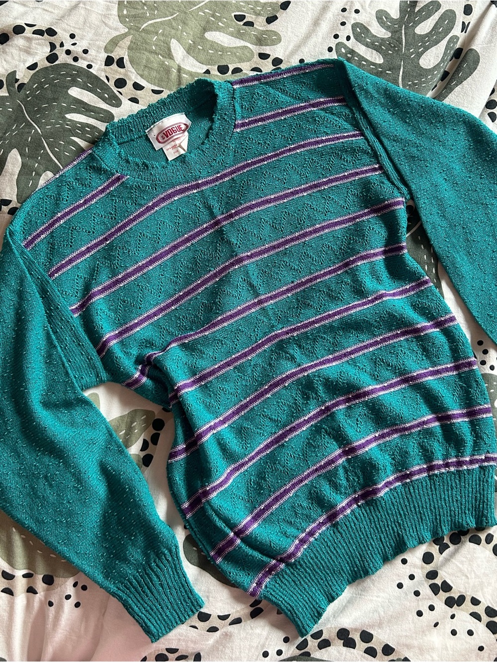 Vintage ‘en Vogue’ Teal and Purple Striped Sweater with Silver Metallic Threads